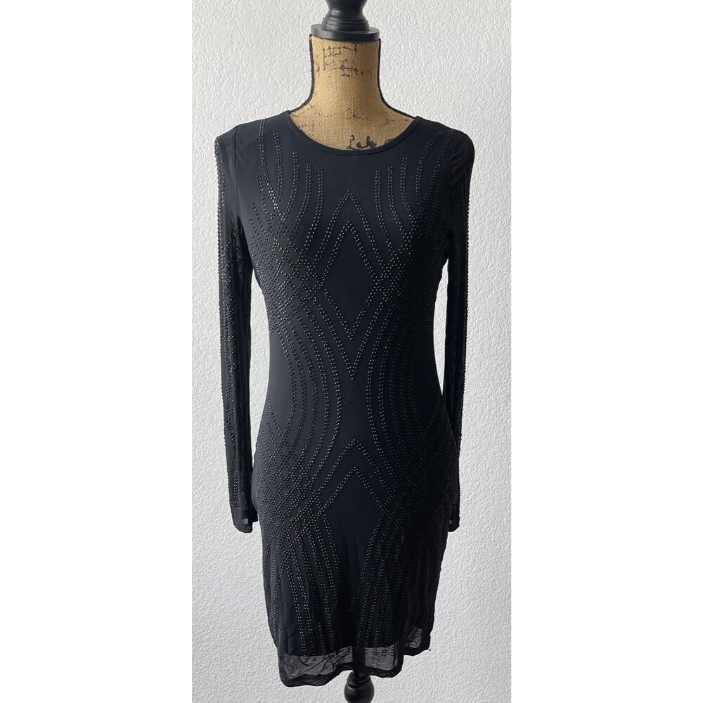 Blashe Women’s Black Studded Mesh Long Sleeves Cocktail Sheath Dress Sz L